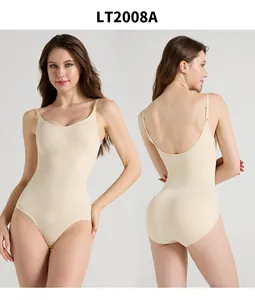 Detail view of the seamless beige bodysuit with tummy control and butt lifting fabric