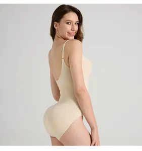 Detail of nude backless bodysuit with adjustable spaghetti straps and seamless shaping fabric