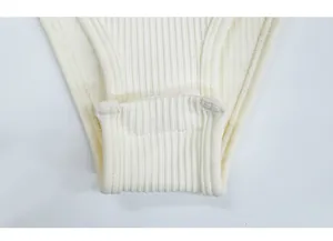 Detail shot of the seamless ribbed yoga bodysuit featuring a crotch gusset design