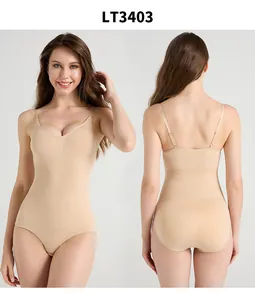 Front and back view of seamless nude bodysuit shapewear with adjustable spaghetti straps