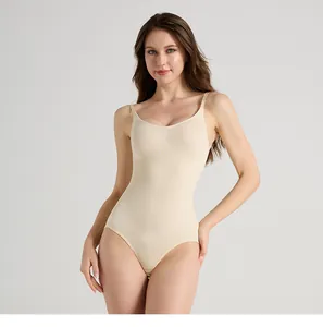 Close-up of seamless beige bodysuit fabric texture and thin spaghetti straps details