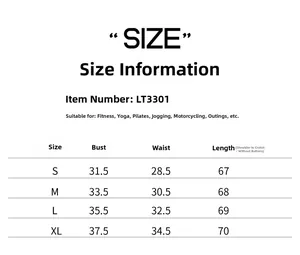 Size chart for seamless sleeveless yoga bodysuit showing bust and waist measurements