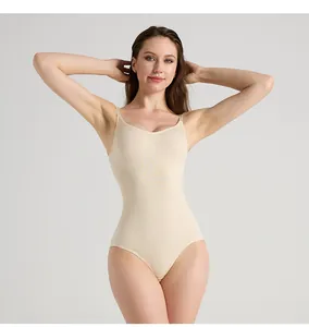 Detail of nude seamless bodysuit with adjustable spaghetti straps and compression fabric
