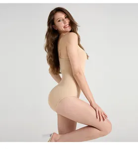 Detail showing seamless shapewear bodysuit in nude color with adjustable straps and tummy control