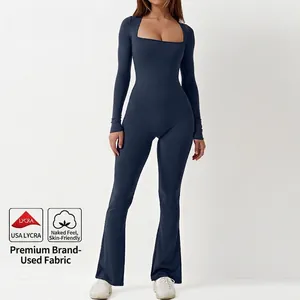 Tuta da Yoga da Donna con Scollo Quadrato a Maniche Lunghe Senza Cuciture Slim Fit Leggings a Zampa Body Sportivo per Allenamento