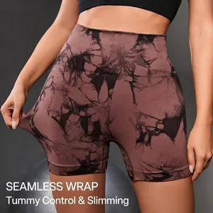 Pantaloncini da yoga tie-dye a vita alta senza cuciture con controllo della pancia