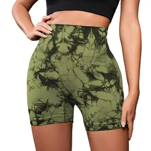 Pantaloncini da yoga senza cuciture a vita alta con motivo tie-dye verde oliva per fitness