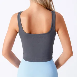 Dunkelgraues geripptes Sport-Tanktop mit eckigem Ausschnitt und nahtlosem Rückendesign