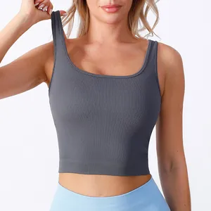 Eng anliegendes dunkelgraues geripptes Yoga-Tanktop mit U-Ausschnitt und nahtlosem Stoff