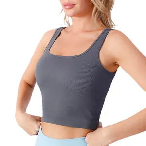 Dunkelgraues Rippstrick-Yoga-Top mit U-Ausschnitt und hoher Elastizität für Damen