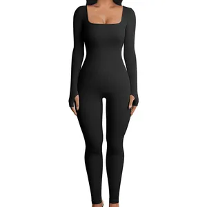 Seamless black ribbed yoga jumpsuit with square neck and thumbhole sleeves