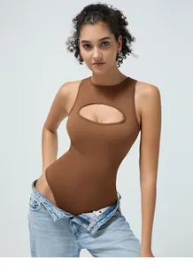 Close-up of brown ribbed knit bodysuit featuring a stylish chest cutout design