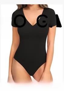 Detailed front view of black seamless short sleeve V-neck yoga jumpsuit with elastic fabric