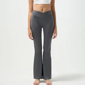 Women's High Waisted Crossover Ribbed Yoga Flared Pants Slim Fit Bootcut Workout Trousers For Gym Fitness Casual Athleisure