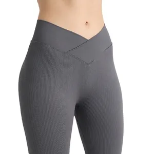 Slimming charcoal grey high waist crossover yoga pants with ribbed texture