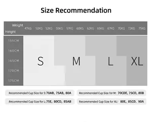 Detailed size chart for yoga bodysuit covering heights 155-175cm and weights 47-75kg