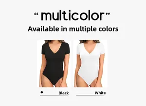 Front view of seamless short sleeve V-neck bodysuits in classic black and white colors