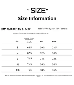 Size chart for seamless ribbed yoga bodysuit with length, bust and waist measurements in cm