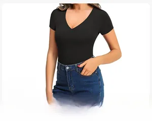 Detail of breathable, moisture-wicking fabric on a black V-neck short sleeve bodysuit