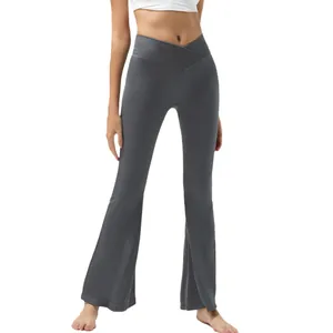 High waist crossover v-front ribbed flare yoga pants in charcoal grey for fitness and pilates