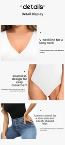 Detail showing V-neck design and high elasticity seamless stitching on this athletic bodysuit