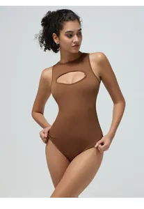 Macro shot of brown ribbed yoga bodysuit fabric featuring stylish keyhole chest cutout detail
