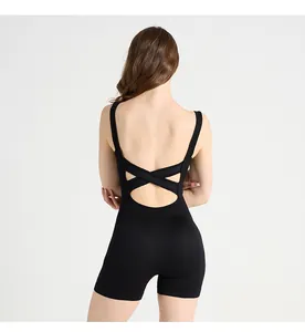 Detail of cross-back hollow design on a black high-elasticity yoga bodysuit for women