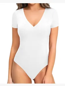 Close-up of white V-neck short sleeve seamless bodysuit with high elasticity fabric