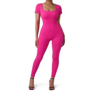 Macro detail of seamless ribbed fabric texture and square neck of the hot pink yoga jumpsuit