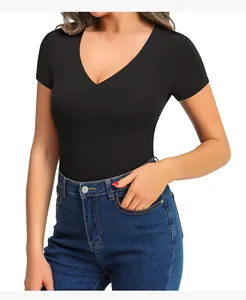 Detail of black seamless V-neck short sleeve bodysuit featuring high elasticity and slim fit