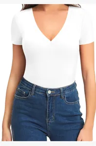 Close-up of white seamless short sleeve bodysuit with deep V-neck and high elasticity