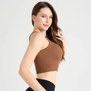 Reggiseno sportivo yoga a coste marrone senza cuciture per corsa e fitness dal design slim