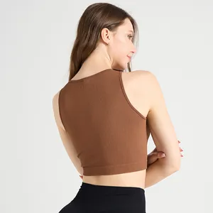 Reggiseno sportivo a costine senza cuciture marrone scuro con ampio orlo di supporto