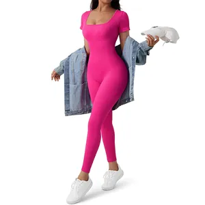 Women Ribbed Short Sleeve Square Neck Jumpsuit Nylon Spandex Slim Fit One Piece Bodysuit For Yoga Fitness Casual Wear