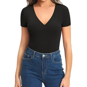 Women black short sleeve V-neck seamless yoga jumpsuit with high elastic slimming fit
