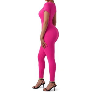Hot pink ribbed short sleeve jumpsuit slim fit yoga bodysuit with long pants design