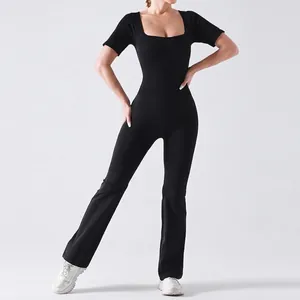 Combinaison Femme Col Carré Manches Courtes Bas Évasé Sans Couture Coupe Ajustée Yoga Fitness Sportswear Unie