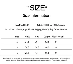 Tableau des tailles pour pantalon de yoga évasé avec mesures S, M, L et détails du tissu