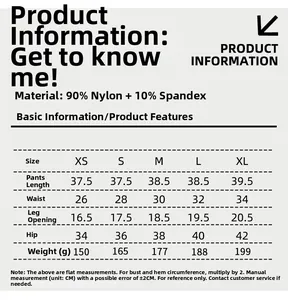 Tableau des tailles détaillé pour shorts de yoga taille haute avec spécificités nylon