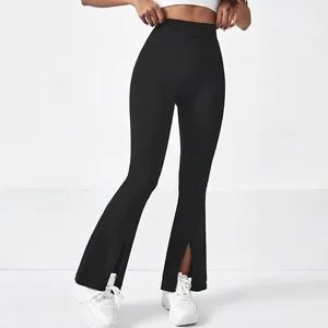 Pantalon de Yoga Évasé avec Fente Frontale Femmes Taille Haute Gainant Remonte-fesses Leggings en Nylon Sport Fitness Bas