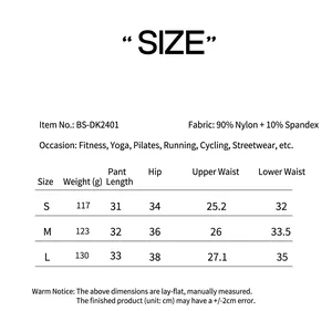 Size chart showing fabric details for high-stretch seamless yoga shorts with V-waist