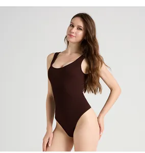 Close-up of dark brown ribbed seamless sleeveless yoga bodysuit with U-neck design