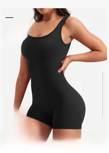 Close-up of black one-piece yoga romper with butt-lifting and high-waist tummy control