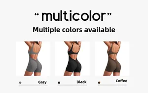 Detail of cross-back yoga rompers in grey, black, and coffee colors for fitness