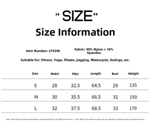 Size chart for yoga bodysuit with detailed nylon and spandex fabric composition data