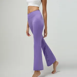 High waist purple flared yoga pants with elastic tummy control for fitness and leisure