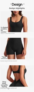 Detail view of U-neckline and backless design on black yoga bodysuit for fitness