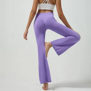 High-waist purple flared yoga pants with peach butt lifting design for fitness