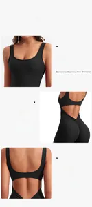 Detail view of the seamless open-back yoga jumpsuit with scrunch butt peach line design