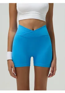 Detail of cross V-waist yoga shorts showing seamless ribbed texture in bright blue
